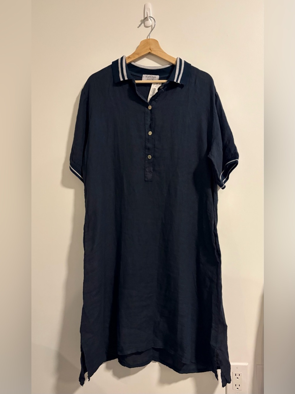 Via Vitale Made in Italy 100% Linen Navy Short-Sleeve Polo Dress